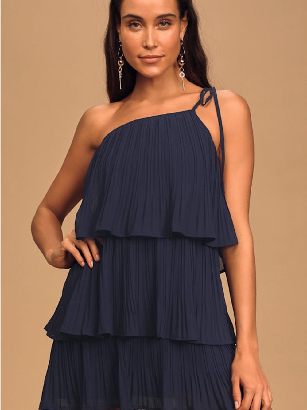 Women's Navy One-Shoulder Tiered Pleated Dress